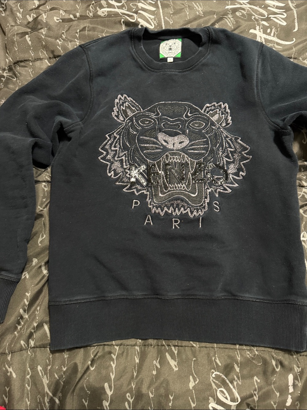 Kenzo Black Crewneck Sweatshirt with Embroidered Tiger